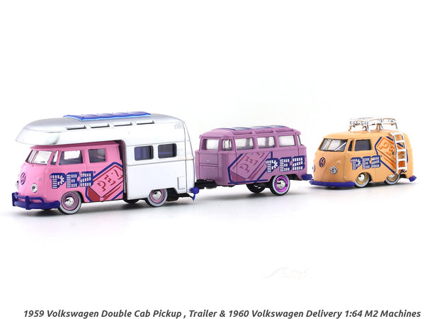 1959 Volkswagen Double Cab Pickup , Trailer & 1960 Volkswagen Delivery 1:64 M2 Machines diecast hauler scale model