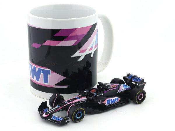 Coffee mug & 2024 Alpine A524 No. 31 Esteban Ocon 1:43 Bburago Formula 1 diecast scale model car