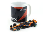 Coffee mug & 2024 McLaren MCL38 No. 81 Oscar Piastri 1:43 Bburago Formula 1 diecast scale model car