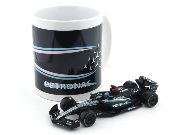 Coffee mug & 2024 Mercedes-AMG W15 No. 63 1:43 Bburago Formula 1 diecast scale model car