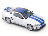Model car with white body and blue stripes on a white background