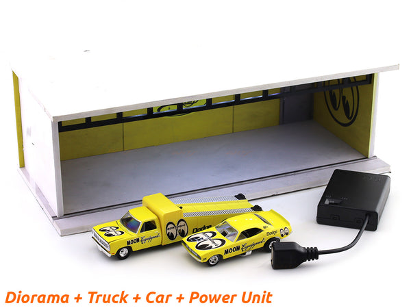 1:64 scale Mooneyes diorama with car, ramp truck and power unit miniature collectible display in India from Scale Arts