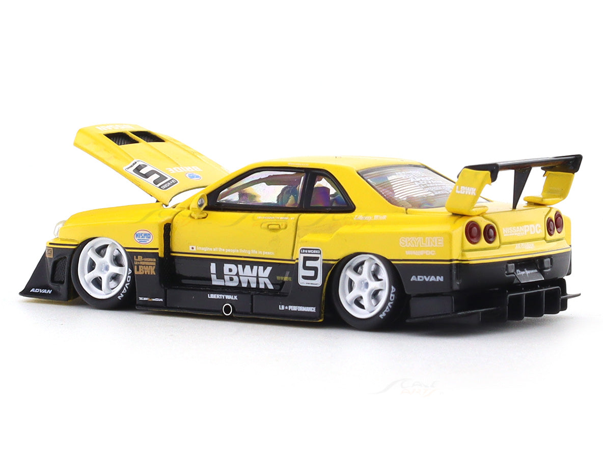 Nissan Skyline ER34 LBWK Yellow 1:64 Street Weapon diecast scale