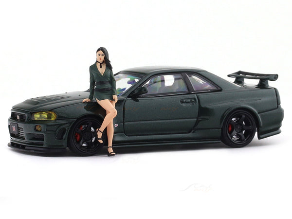 Nissan Skyline GT-R R34 green with figure 1:64 Time Micro diecast scale model car miniature collectible in India from Scale Arts