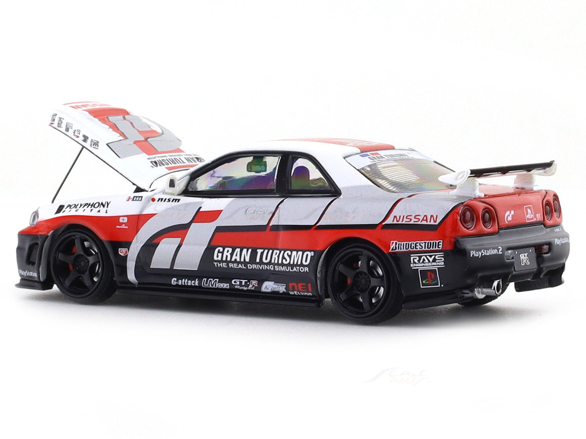 Nissan Skyline GT-R R34 white with Figure 1:64 Time Micro Diecast Scale ...