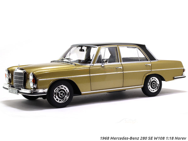 1968 Mercedes-Benz 280 SE W108 golden 1:18 Norev diecast scale model car collectible.