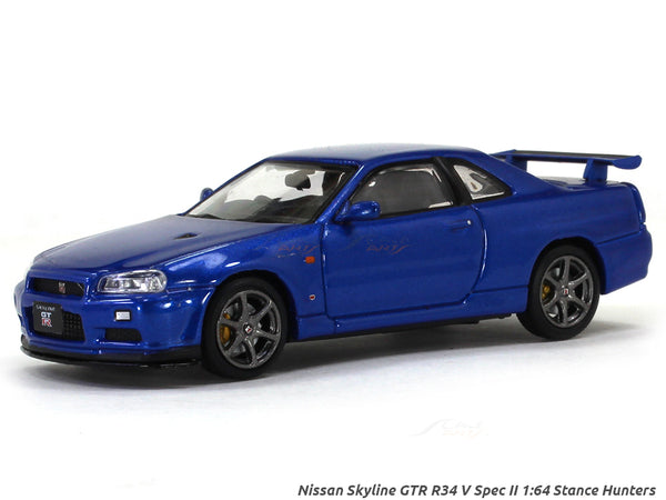 Nissan Skyline GTR R34 V Spec II blue 1:64 Stance Hunters diecast scale model miniature car.
